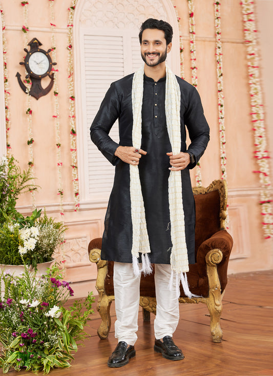 Black Art Silk Mens Kurta Pajama Set With Stole