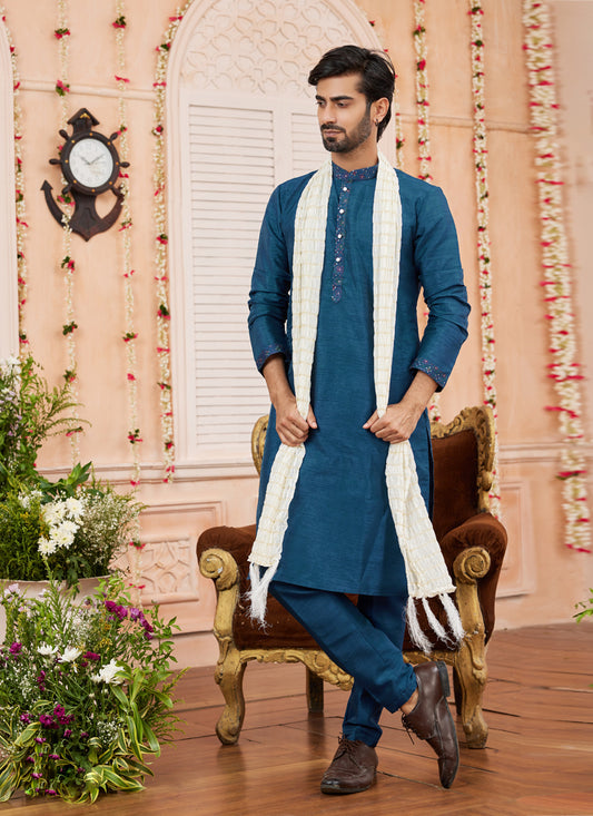 Peacock Blue Art Banarasi Silk Mens Kurta Pajama Set With Stole