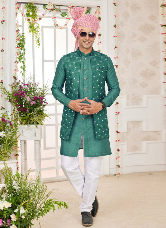 Emerald Green Art Banarasi Silk Mens Kurta Pajama Set With Jacket