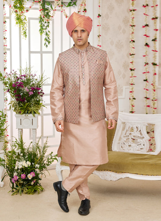 Beige Art Banarasi Silk Mens Kurta Pajama Set With Jacket