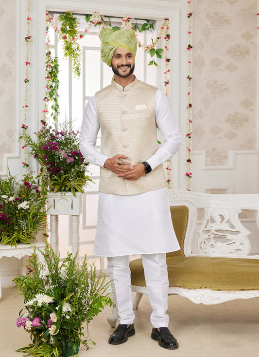 White Art Banarasi Silk Mens Kurta Pajama Set With Jacket