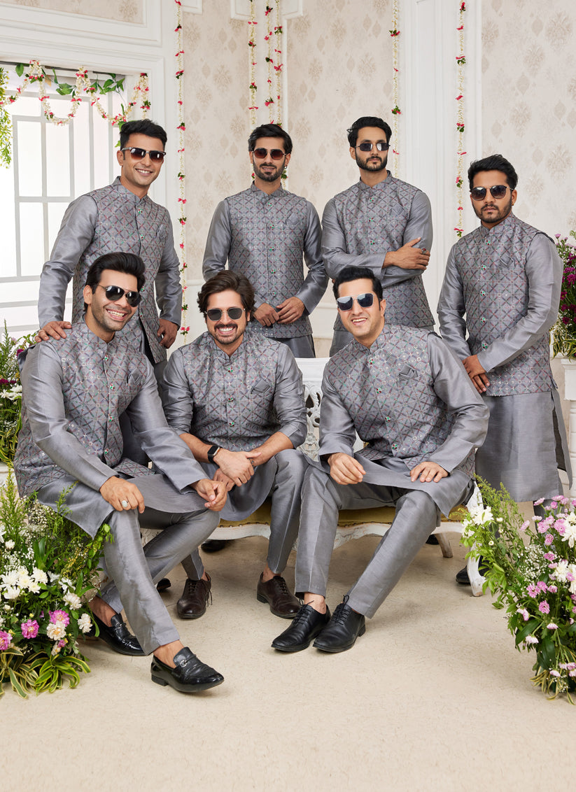 Grey Art Banarasi Silk Mens Kurta Pajama Set With Jacket