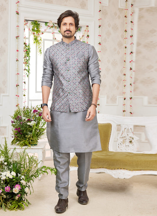 Grey Art Banarasi Silk Mens Kurta Pajama Set With Jacket
