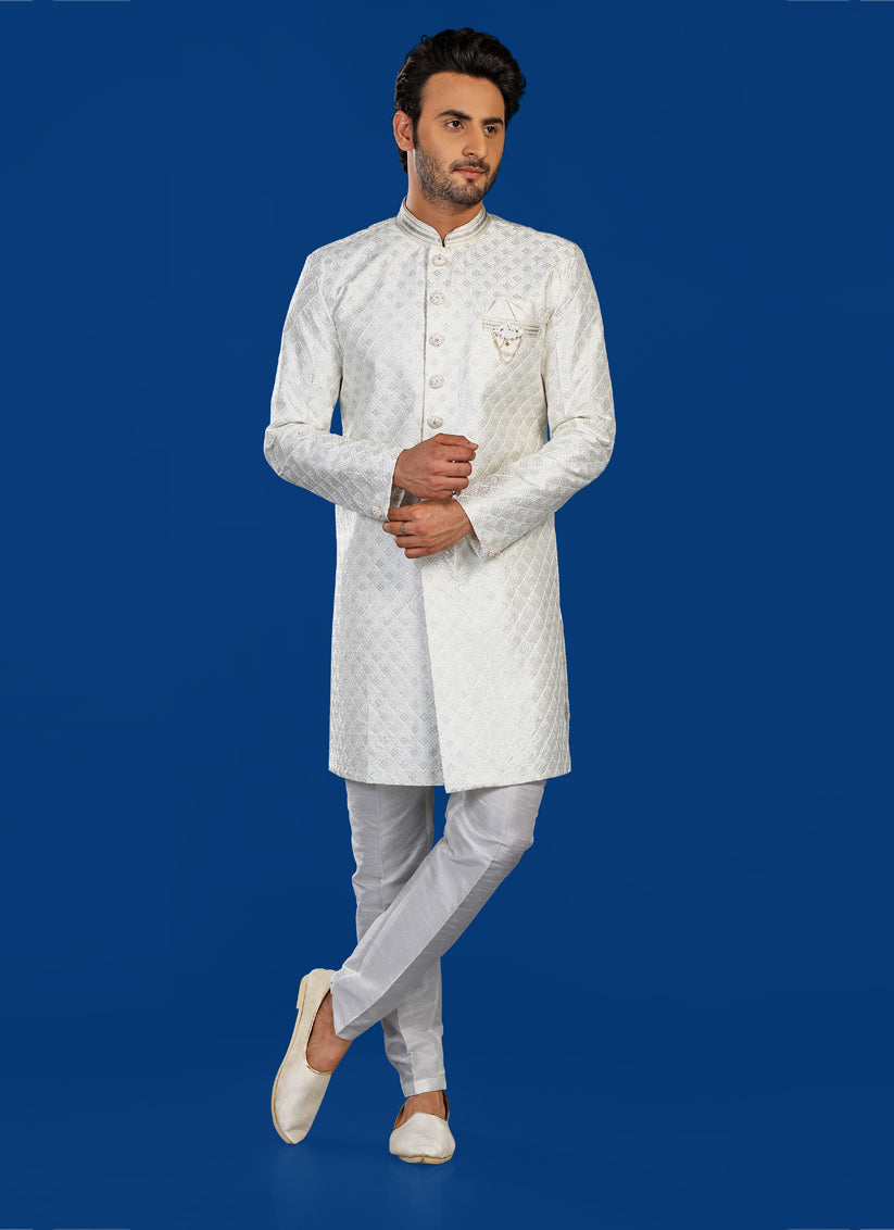 White Mens Semi Indowestern Outfit For Wedding