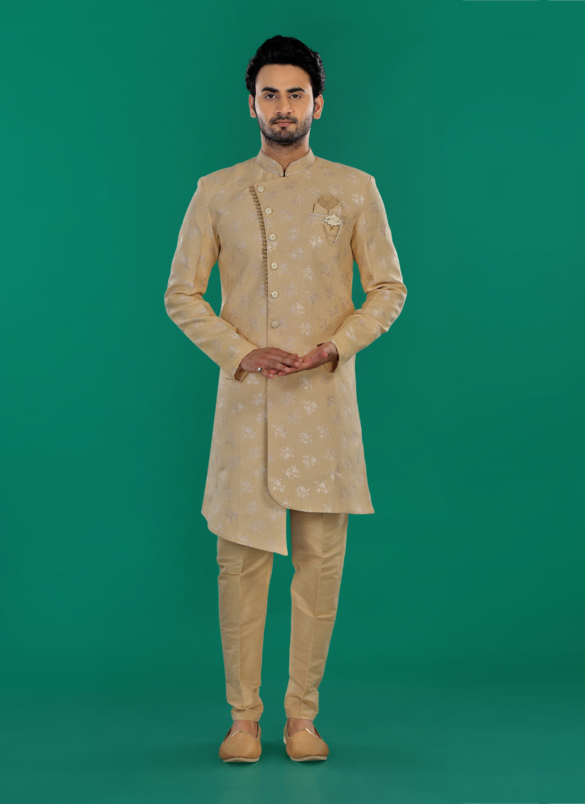 Golden Mens Semi Indowestern Outfit For Wedding