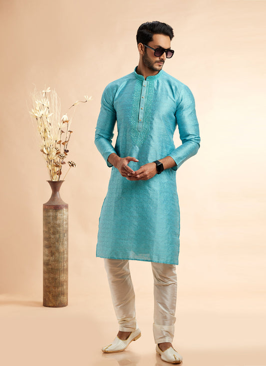 Sky Blue Jacquard Art Silk Embroidered Kurta Pajama Set