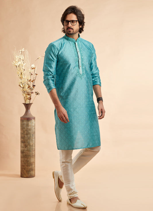 Azure Blue Jacquard Art Silk Embroidered Kurta Pajama Set
