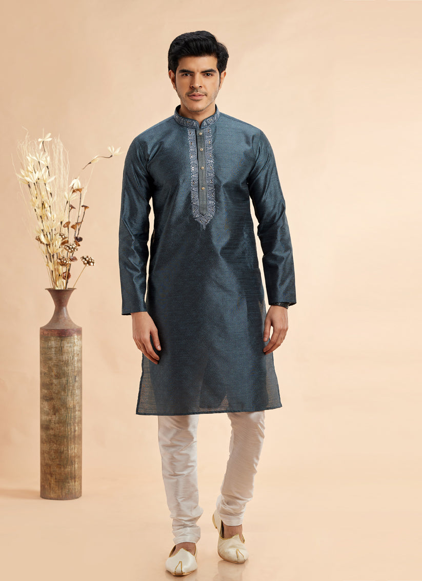 Slate Grey Jacquard Art Silk Embroidered Kurta Pajama Set