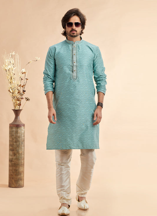 Ice Blue Jacquard Art Silk Embroidered Kurta Pajama Set
