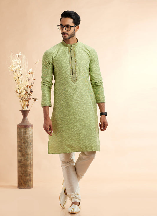 Lime Green Jacquard Art Silk Embroidered Kurta Pajama Set