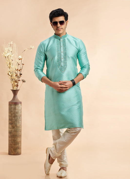 Turquoise Jacquard Art Silk Embroidered Kurta Pajama Set