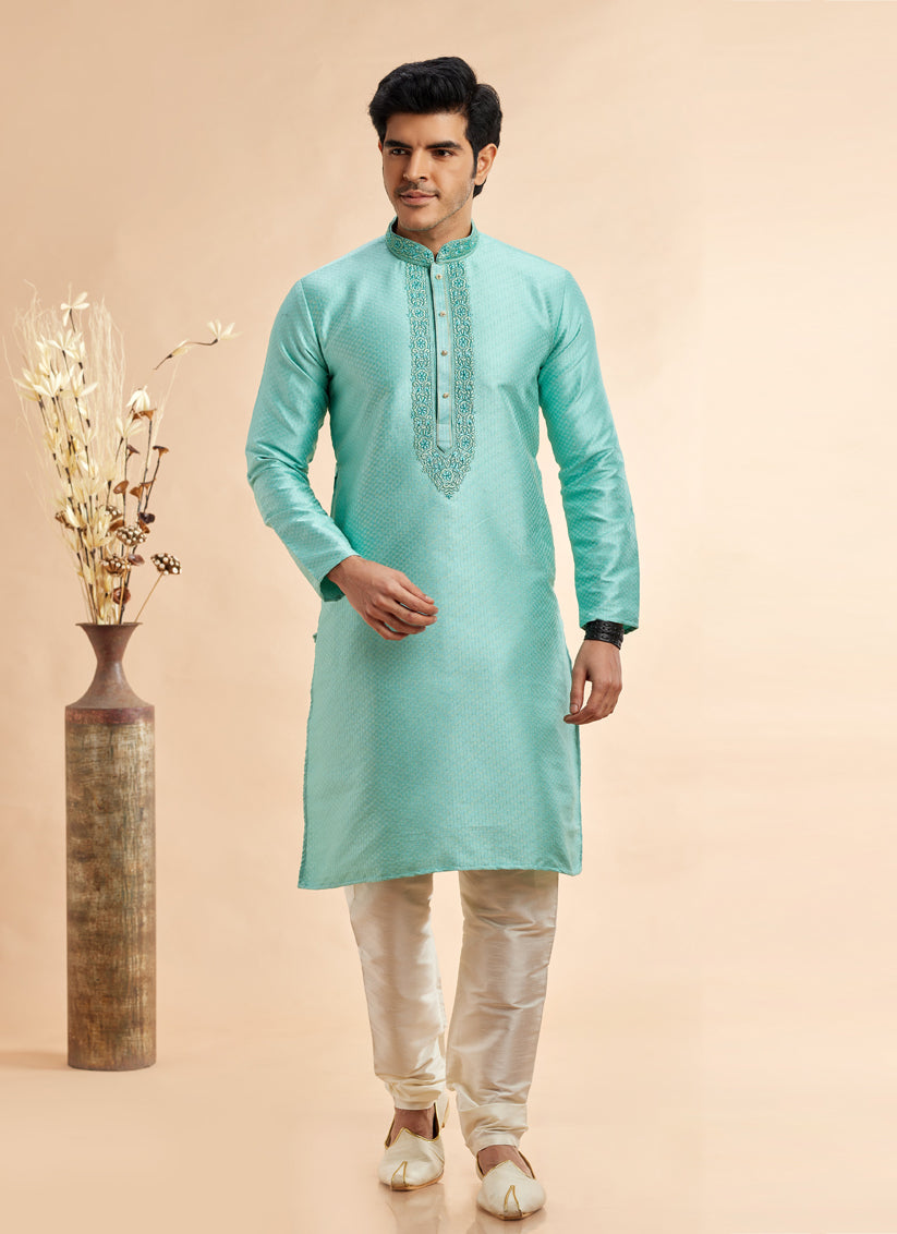 Turquoise Jacquard Art Silk Embroidered Kurta Pajama Set