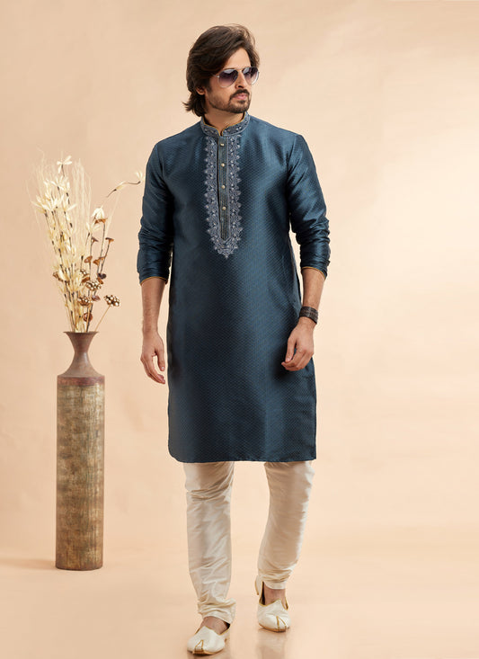 Teal Blue Jacquard Art Silk Embroidered Kurta Pajama Set