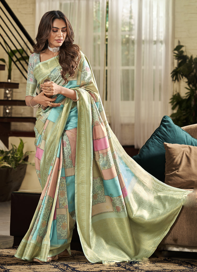 Pastel Green Soft Silk Digital Printed Saree