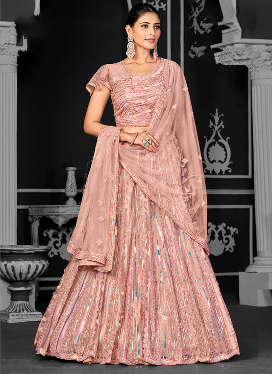 Dusty Peach Net Embroidered Designer Lehenga Choli