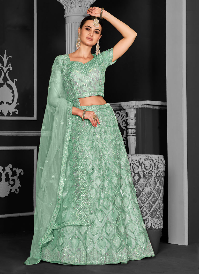 Sea Green Net Embroidered Designer Lehenga Choli