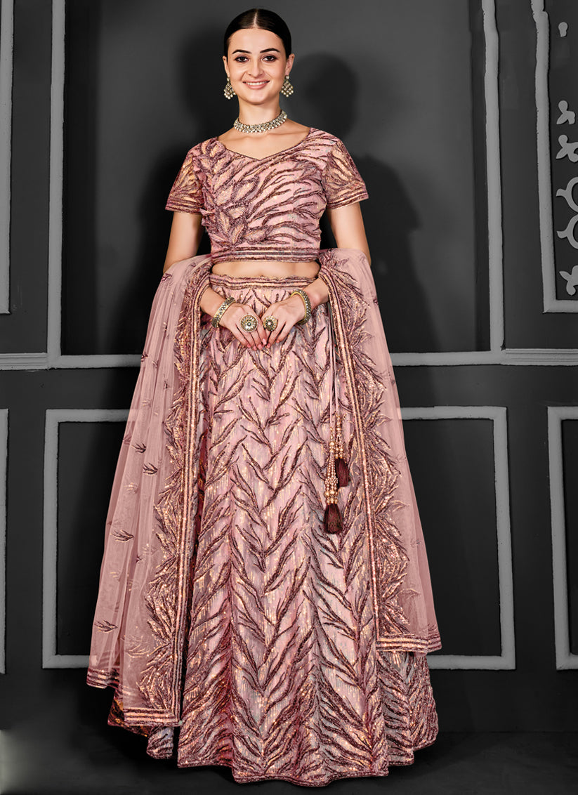 Blush Peach Net Embroidered Designer Lehenga Choli