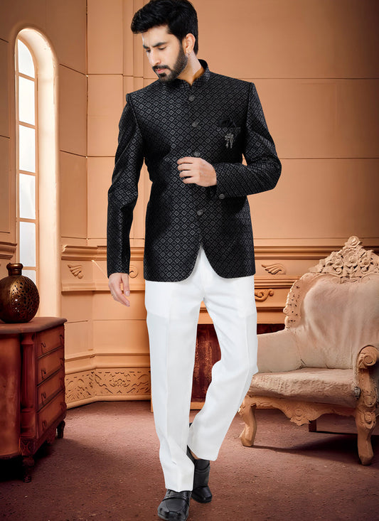 Black Jacquard Mens Jodhpuri Suits
