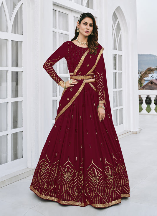 Maroon Georgette Embroidered Designer Lehenga Choli