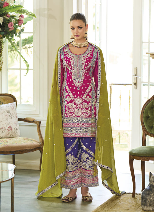 Raspberry Pink Chinnon Embroidered Readymade Trouser Kameez