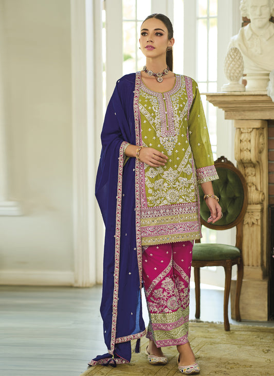 Lime Green Chinnon Embroidered Readymade Trouser Kameez