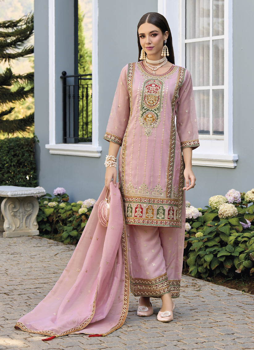 Blush Pink Organza Embroidered Readymade Suit