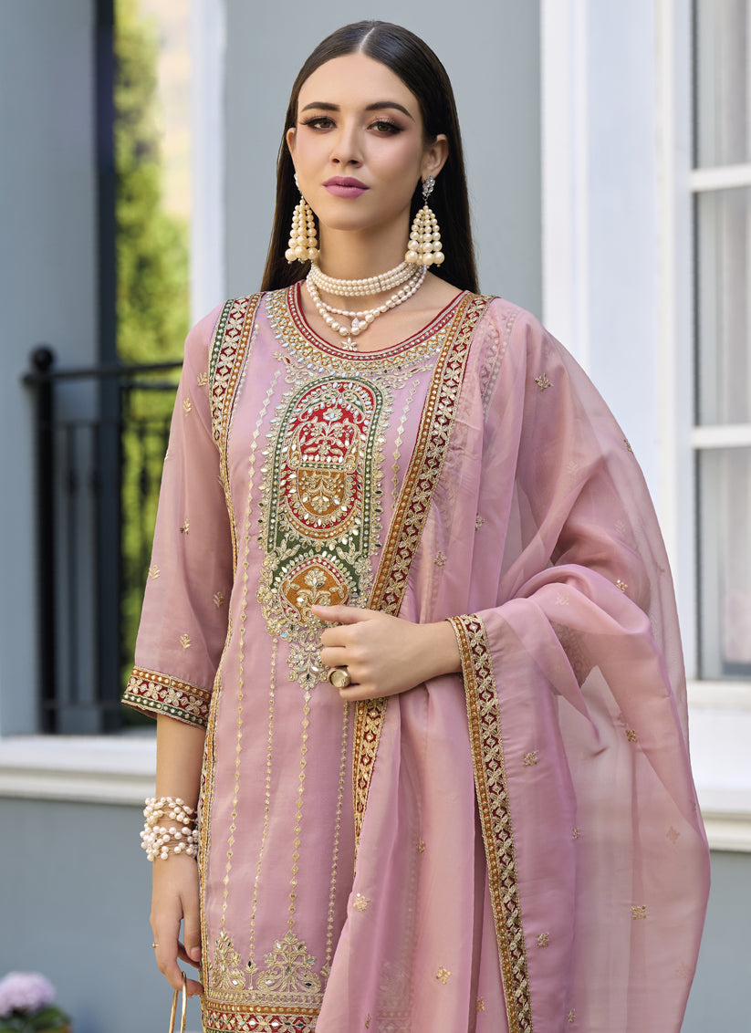 Blush Pink Organza Embroidered Readymade Suit