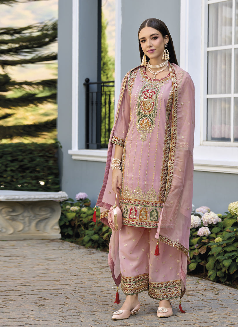 Blush Pink Organza Embroidered Readymade Suit