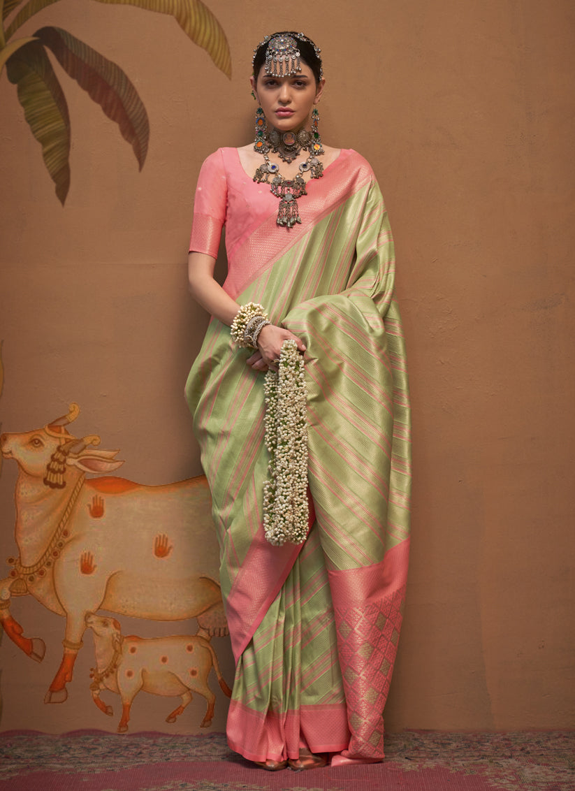 Pistachio Green Silk Zari Weaving Saree For Festival