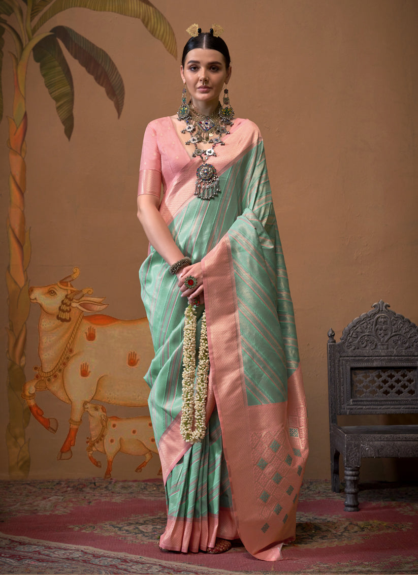 Turquoise Silk Zari Weaving Saree For Festival