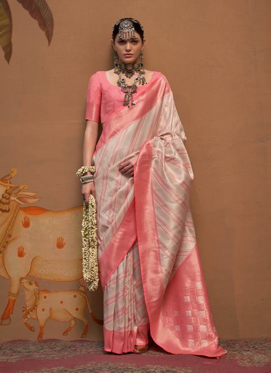 Off White Silk Zari Weaving Saree For Festival