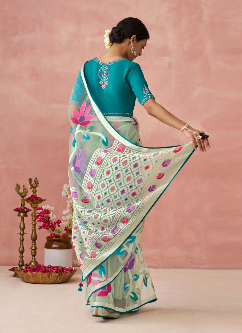 Mint Grey Brasso Embroidered Saree