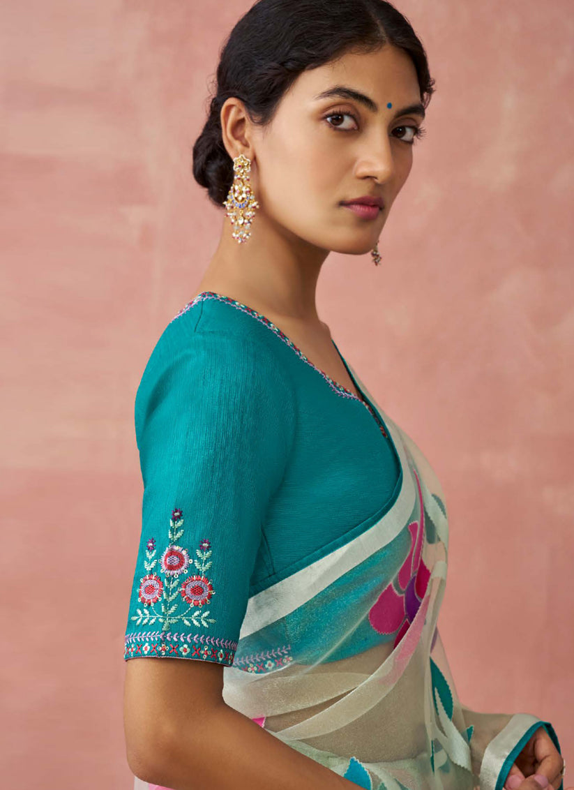 Mint Grey Brasso Embroidered Saree