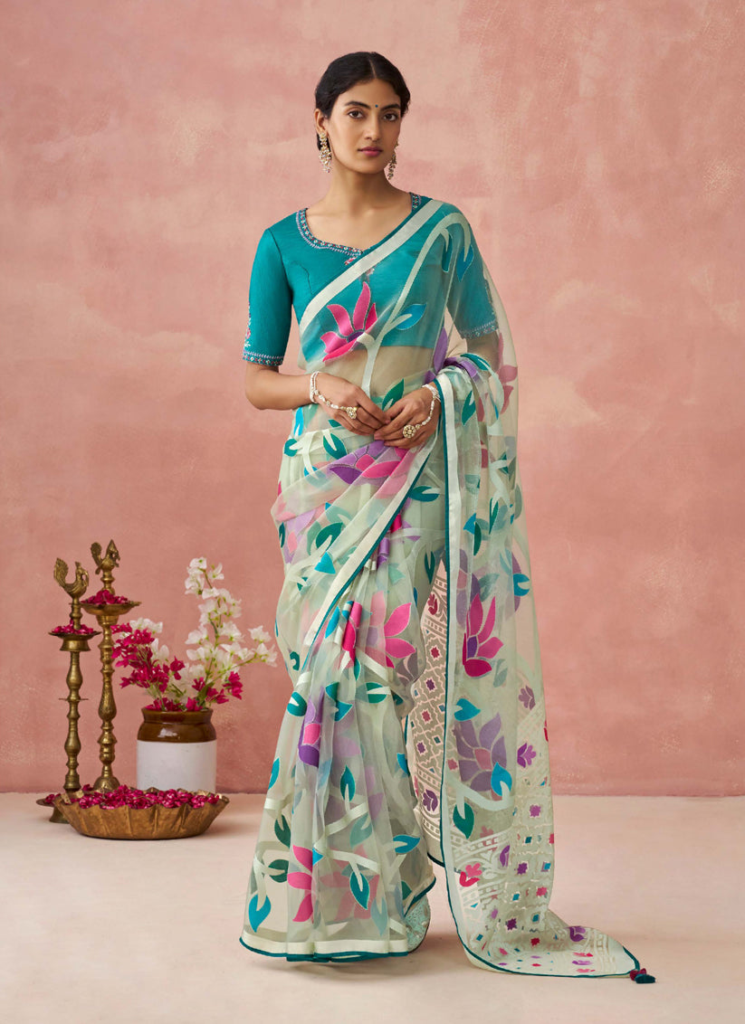 Mint Grey Brasso Embroidered Saree