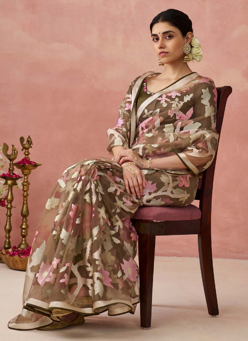 Oak Brown Brasso Embroidered Saree