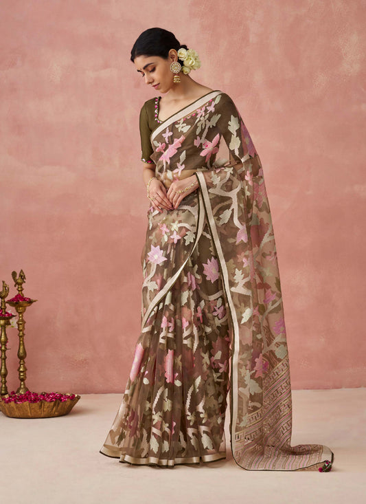 Oak Brown Brasso Embroidered Saree