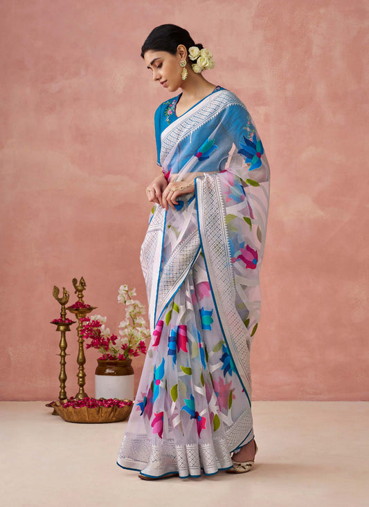 Silver White Brasso Embroidered Saree