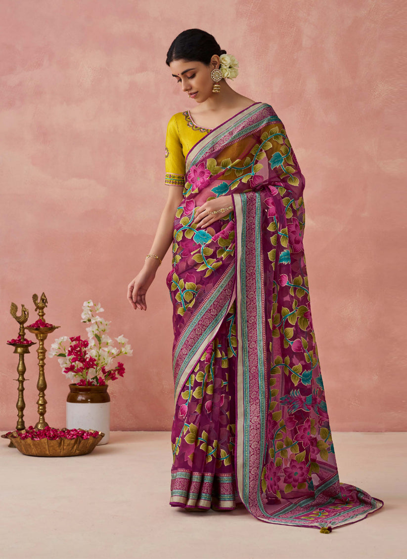 Magenta Brasso Embroidered Saree