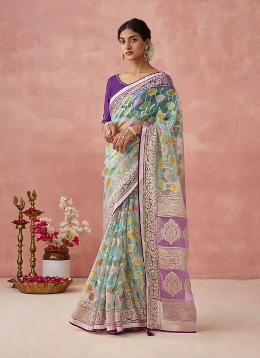 Ice Blue Brasso Embroidered Saree