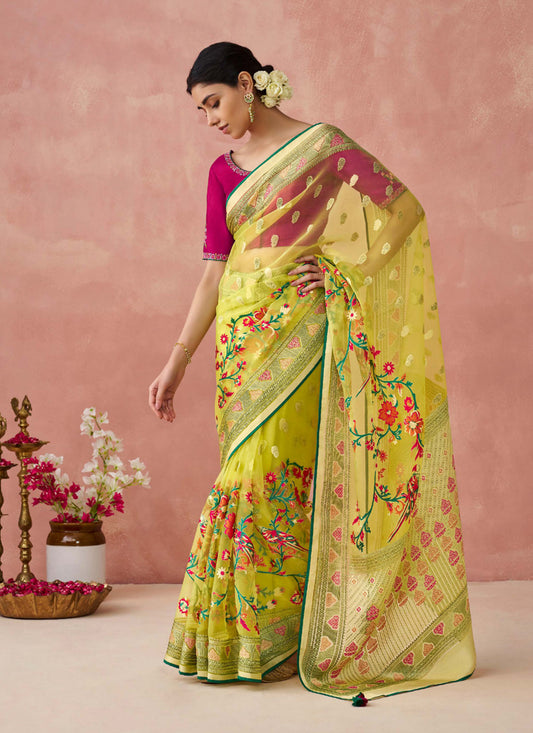 Lime Yellow Brasso Embroidered Saree