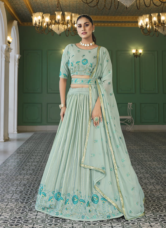 Ice Mint Georgette Embroidered Designer Lehenga Choli
