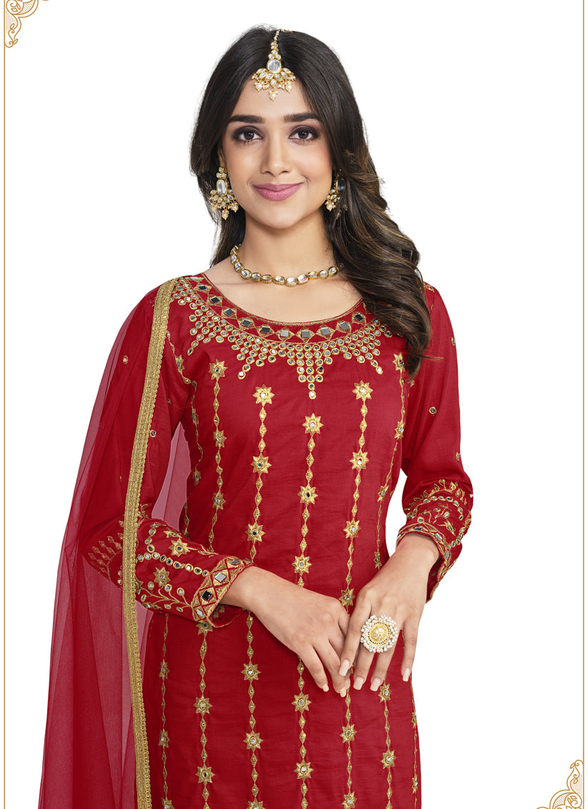 Rust Red Silk Embroidered Pant Kameez