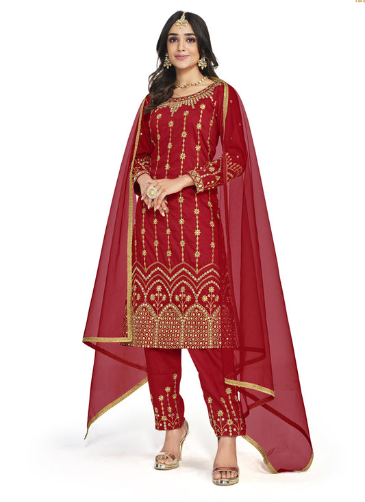 Rust Red Silk Embroidered Pant Kameez