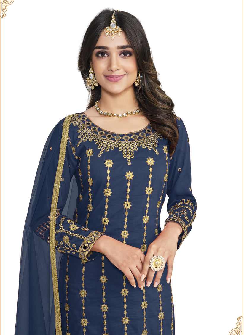 Navy Blue Silk Embroidered Pant Kameez