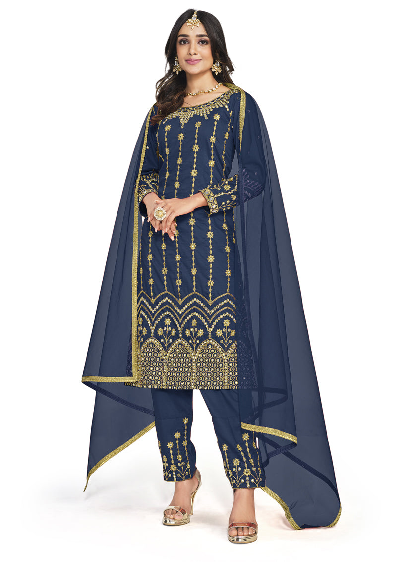 Navy Blue Silk Embroidered Pant Kameez