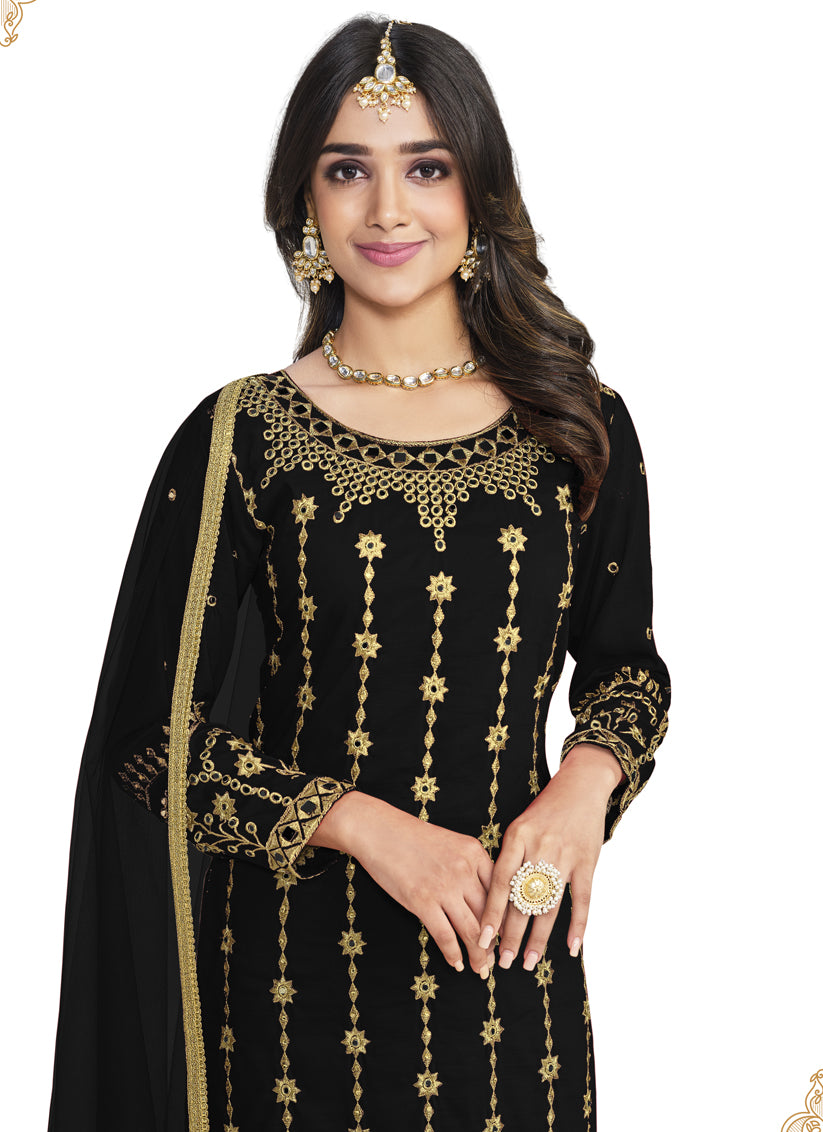 Black Silk Embroidered Pant Kameez