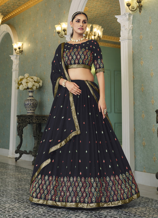 Midnight Blue Georgette Embroidered Designer Lehenga Choli