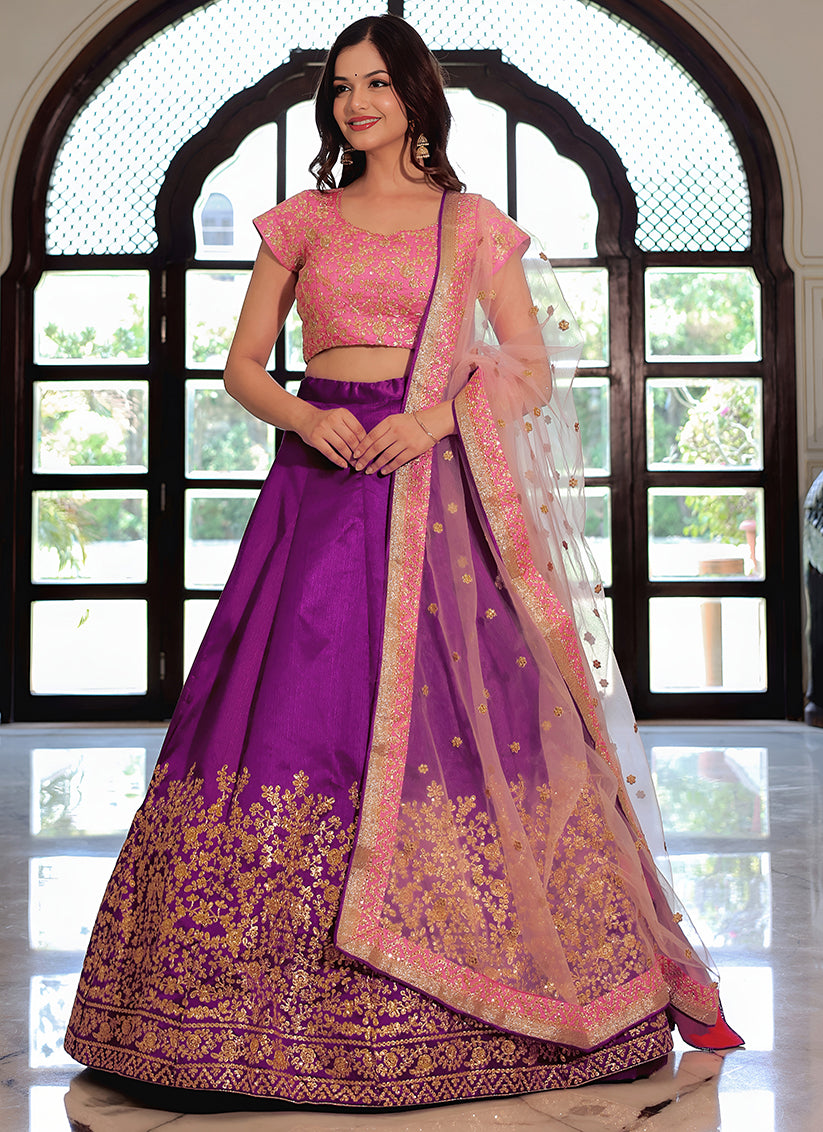 Purple Embroidered & Heavy Sequins Lehenga Choli Set