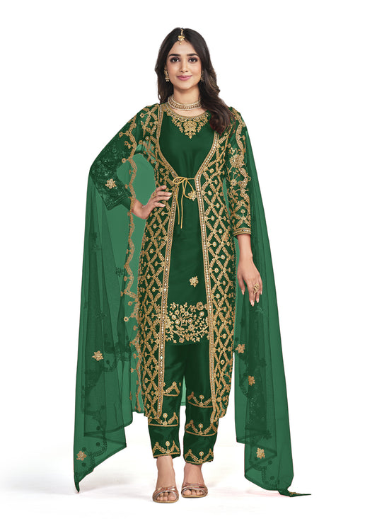 Forest Green Net Embroidered Pant Kameez with Jacket