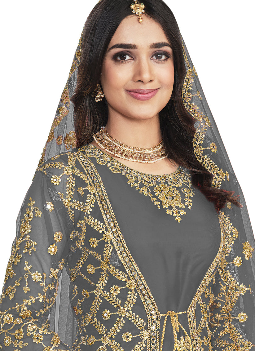 Dusty Grey Net Embroidered Pant Kameez with Jacket